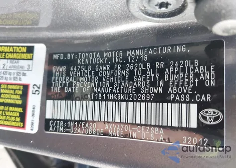 2019 Toyota Camry Se from USA, damaged, VIN 4T1B11HK9KU202697